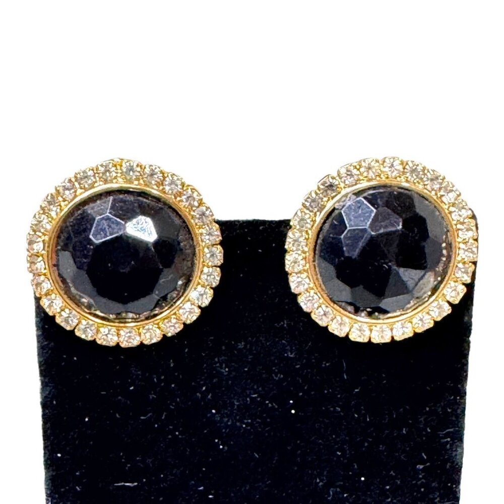 Vintage Signed HOBE Black Cabochon Faux Pearl Rhinestone Clip-On Earrings Deco